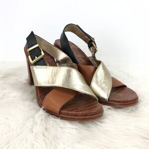 Sam Edelman 8.5 M Womens Gold Metallic Leather Strap Ivy Block Heel Sandals